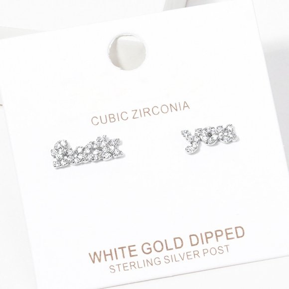 White Gold Dipped CZ Embellished fXXk you Message Stud Earrings - Picture 1 of 2